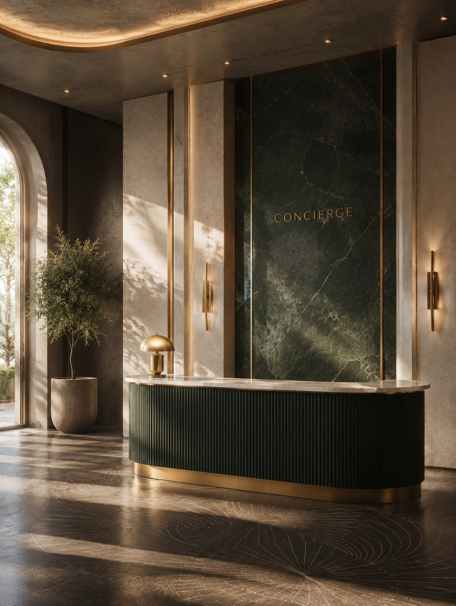 Concierge desk in green marble and brass