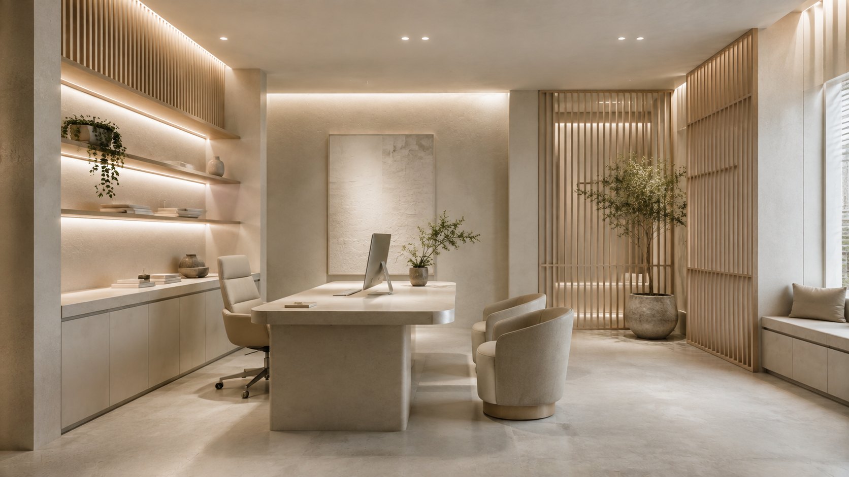 A quiet consulting office in pale stone and warm light, with a desk and two chairs