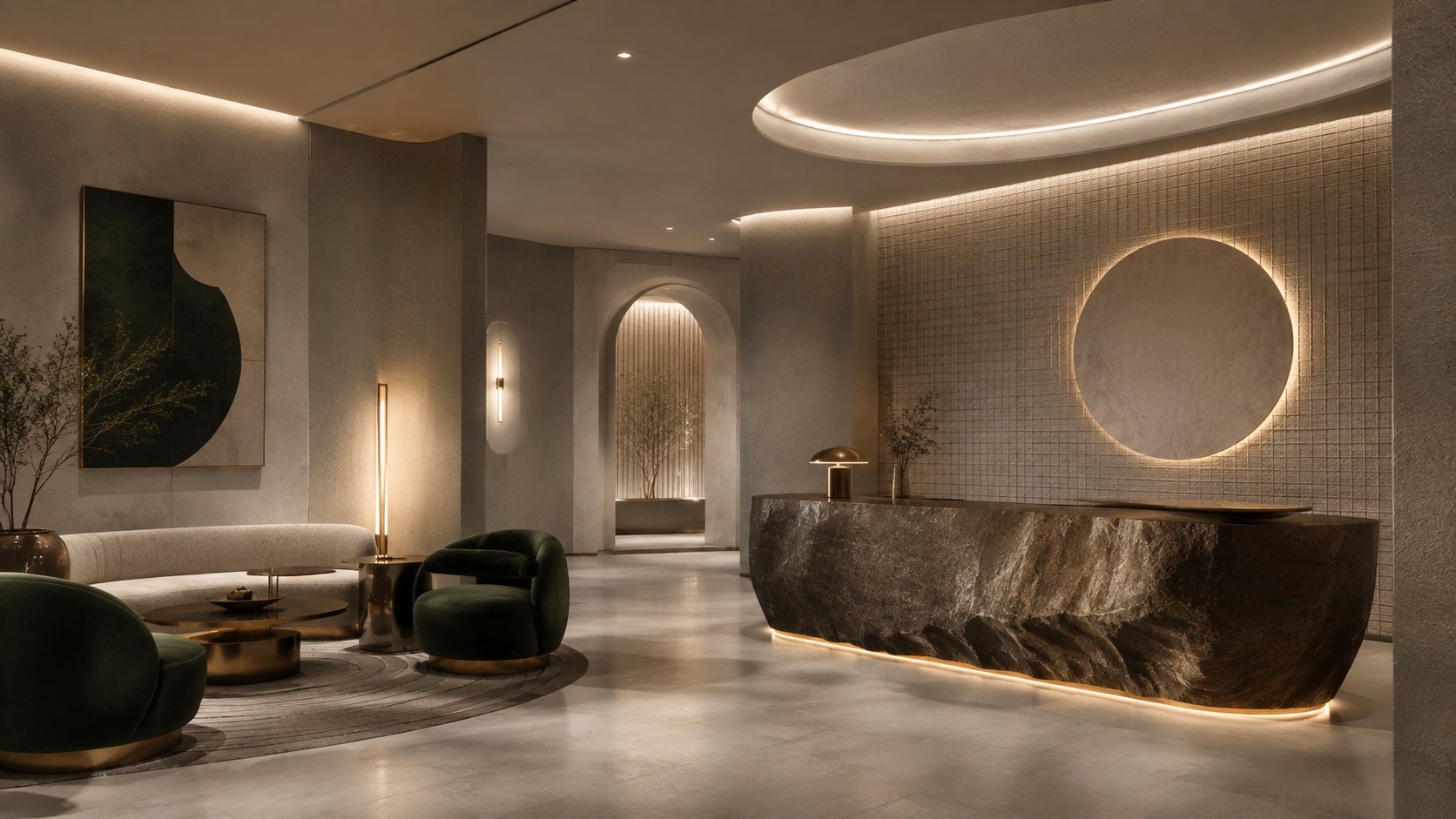 A quiet reception in a dark green and brass interior, lit low in the late afternoon