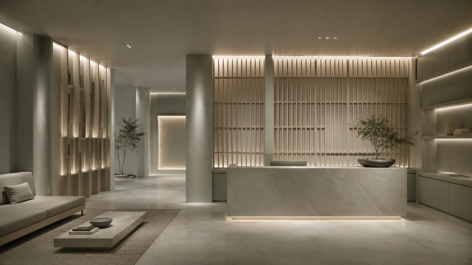 A calm reception area in pale stone and daylight, with low seating to one side